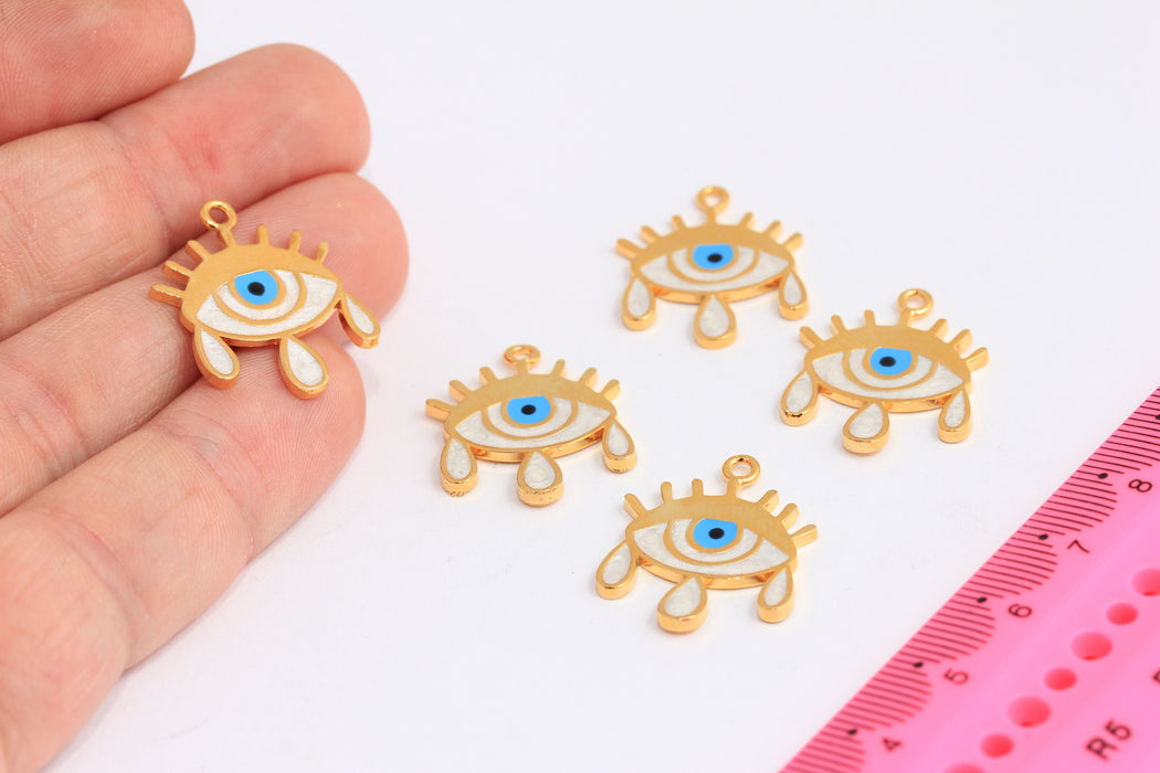 20x24mm 24k Shiny Gold Evil Eye Tears, Evil Eye Charms, Evil Eye Pendant, Dainty Evil Eye Necklace, White Enamel Evil Eye, ROSE482