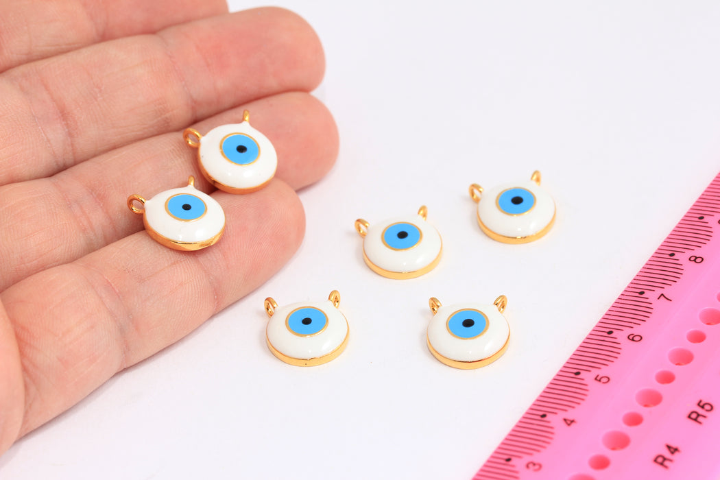 13x14mm 24k Shiny Gold Evil Eye Pendant, Evil Eye Necklace, White Enamel Round Pendant, Pendant Necklace, Dainty Pendant, ROSE492