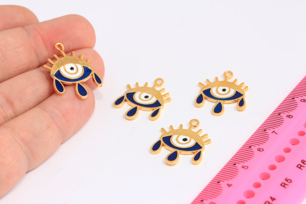 20x24mm 24k Shiny Gold Evil Eye Tears, Evil Eye Charms, Evil Eye Pendant, Dainty Evil Eye Necklace, Navy Blue Enamel Evil Eye, ROSE646