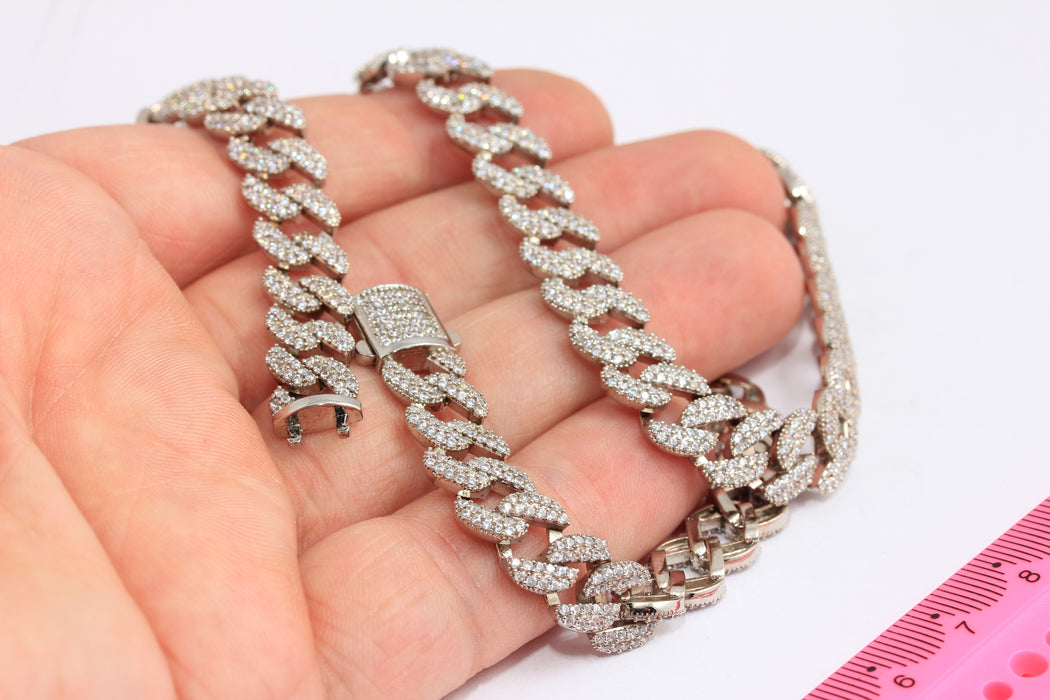 17" Rhodium Plated Cuban Link Necklace, CZ Necklaces, Cuban Link Chain, Ready Necklace, Cubic Zirconia, Silver Plated Necklace, ROSE435-2