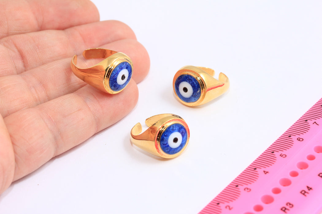 16-17mm 24k Shiny Gold Evil Eye Rings, Evil Eye Enamel Rings, Dainty Rings, Navy Blue Evil Eye Rings, Gold Plated Ring, ROSE624