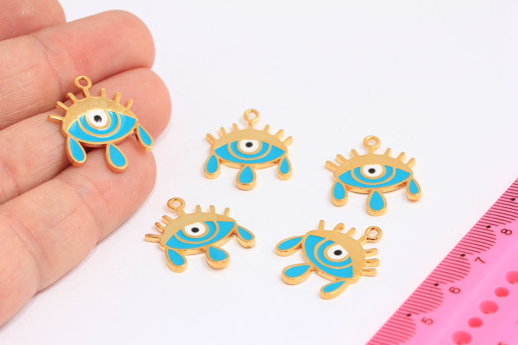 20x24mm 24k Shiny Gold Evil Eye Tears, Evil Eye Charms, Evil Eye Pendant, Dainty Evil Eye Necklace, Turquoise Enamel Evil Eye, ROSE375