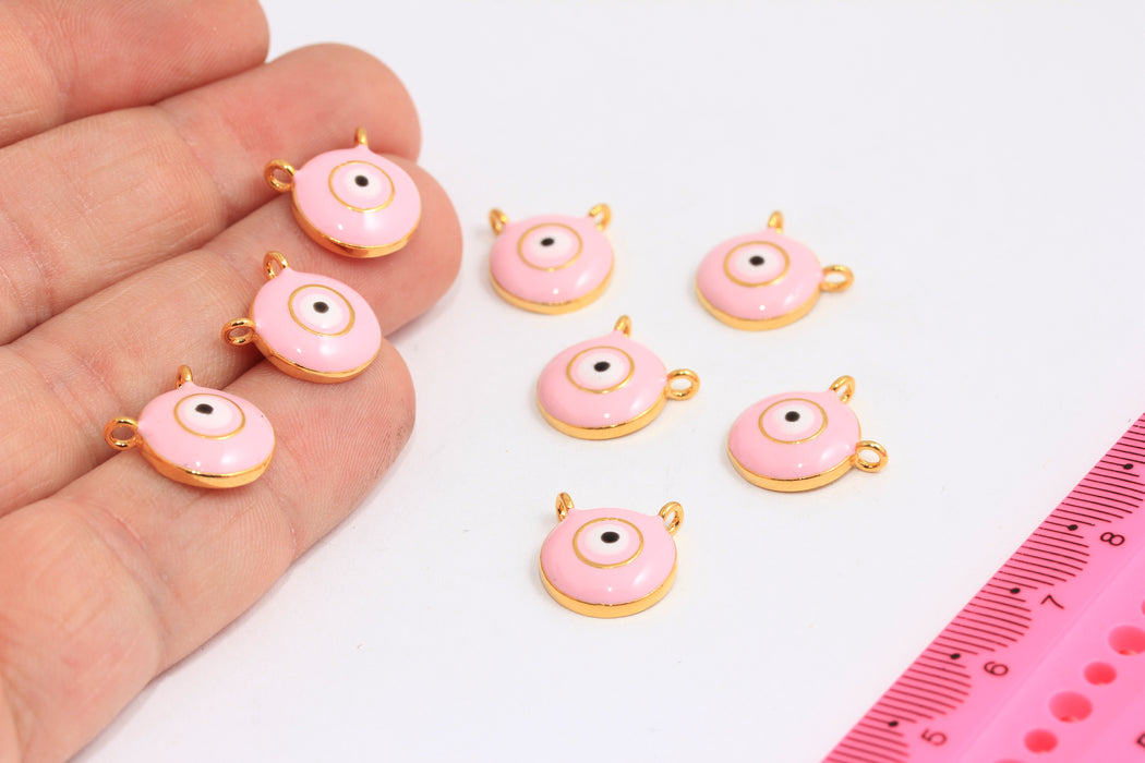 13x14mm 24 ayar parlak altın nazar boncuğu kolye, nazar boncuğu kolye, pembe mineli yuvarlak kolye ucu, kolye ucu, zarif kolye ucu, ROSE407