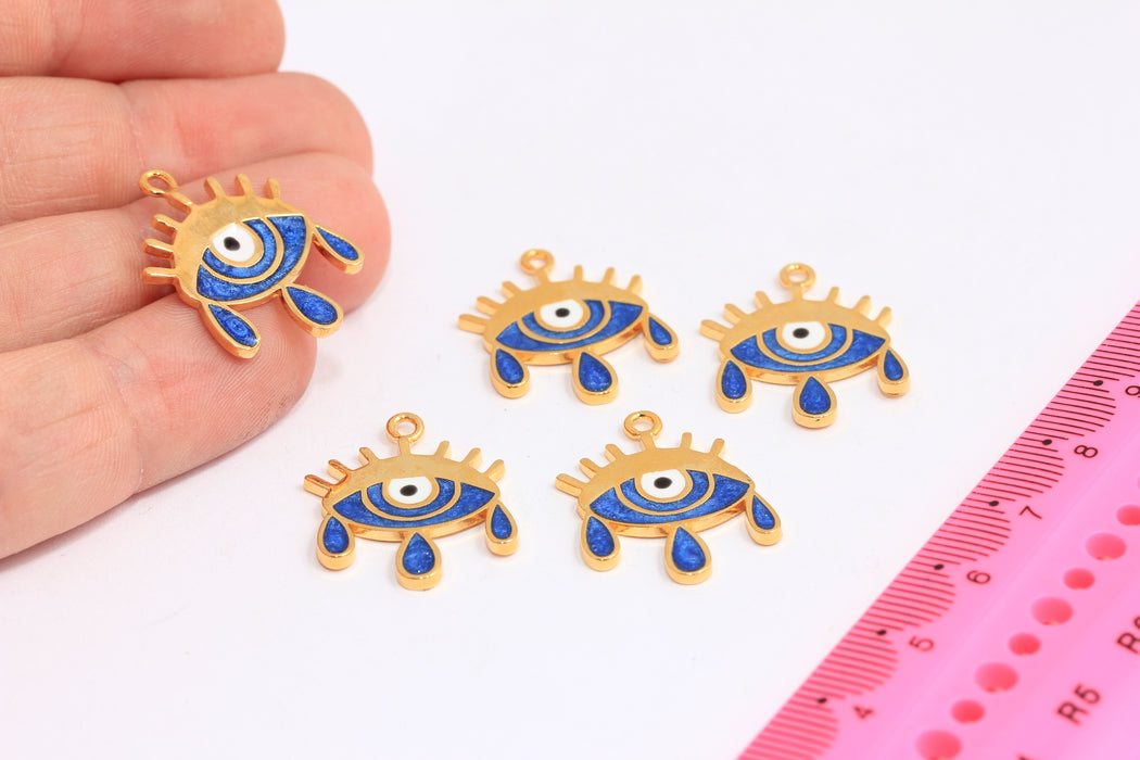 20x24mm 24k Shiny Gold Evil Eye Tears, Evil Eye Charms, Evil Eye Pendant, Dainty Evil Eye Necklace, Navy Blue Enamel Evil Eye, ROSE346