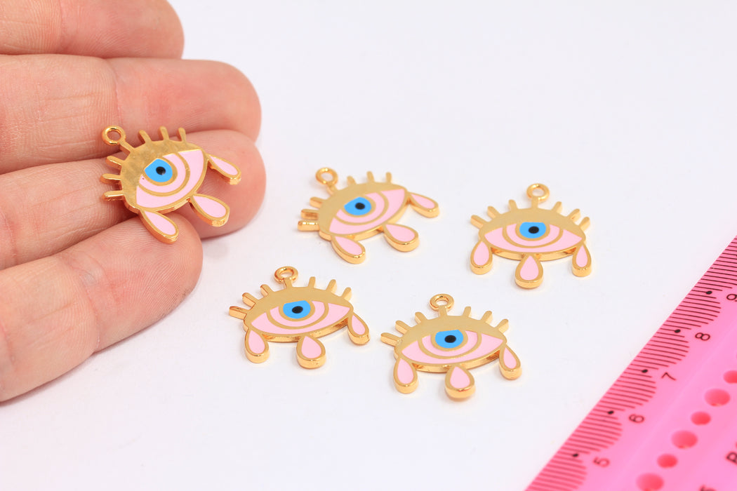 20x24mm 24k Shiny Gold Evil Eye Tears, Evil Eye Charms, Evil Eye Pendant, Dainty Evil Eye Necklace, Pink Enamel Evil Eye, ROSE598