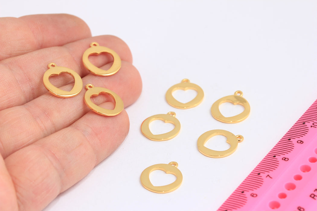 14x16mm 24k Shiny Gold Heart, Round Charm, Heart Jewelry, Heart Charm, Heart Pendant, Jewelry Findings, Dainty Heart, ROSE357