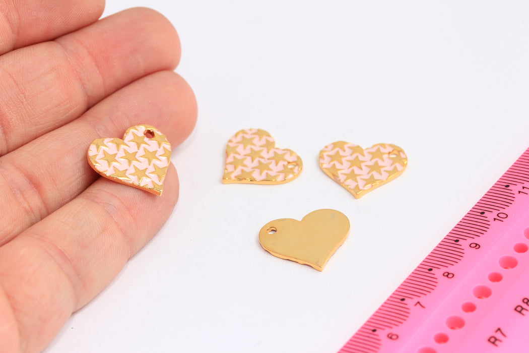 17x19mm 24k Shiny Gold Star Heart, Stars Heart Pendant, Pink Enamel Heart, Gold Heart Necklace Charms, Gold Plated Findings, ROSE276