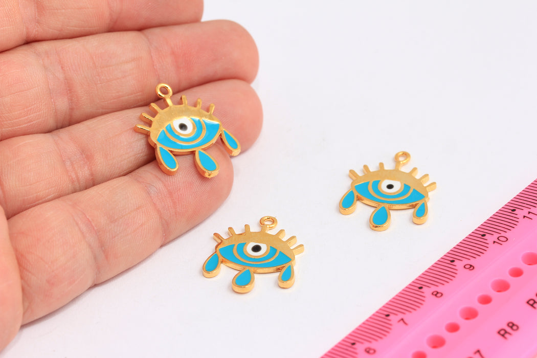 20x24mm 24k Shiny Gold Evil Eye Tears, Evil Eye Charms, Evil Eye Pendant, Dainty Evil Eye Necklace, Blue Enamel Evil Eye, ROSE350