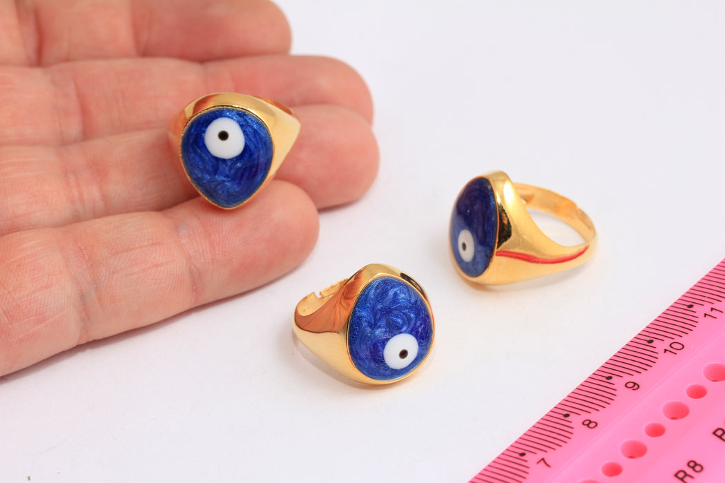 16-17mm 24k Shiny Gold Evil Eye Rings, Evil Eye Drop Enamel Rings, Dainty Rings, Navy Blue Evil Eye Rings, Gold Plated Ring, ROSE448-1