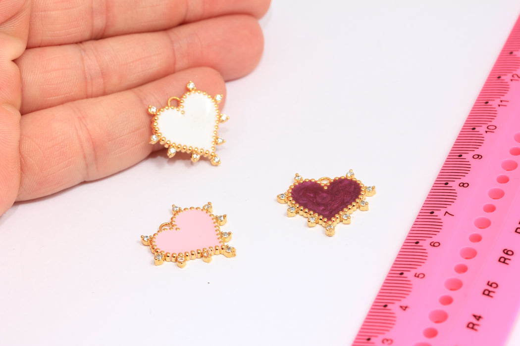 Medaglione a forma di cuore con zirconi cubici in oro lucido 24k da 21x22 mm, ciondoli a forma di cuore con micro pavé, zirconi cubici a forma di cuore, smalto rosa, bianco e Mov, ciondolo a forma di cuore, ROSE201