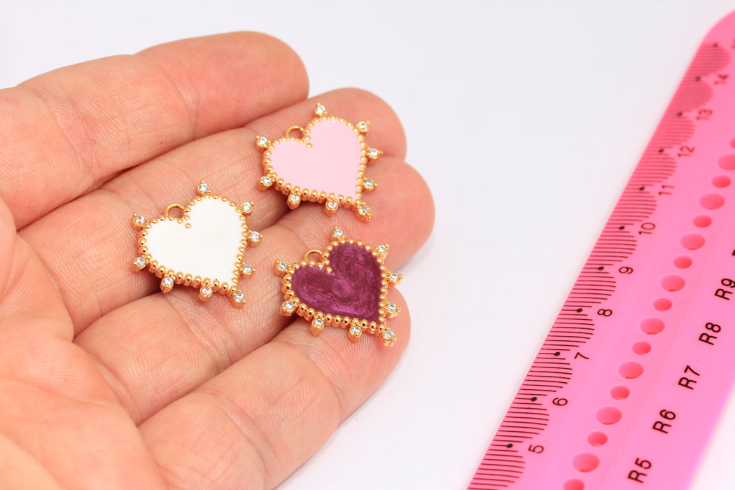 21x22mm 24k Shiny Gold CZ Heart Medallion, Micro Pave Heart Charms, CZ Heart, Pink, White and Mov Enamel, Heart Pendant, ROSE201