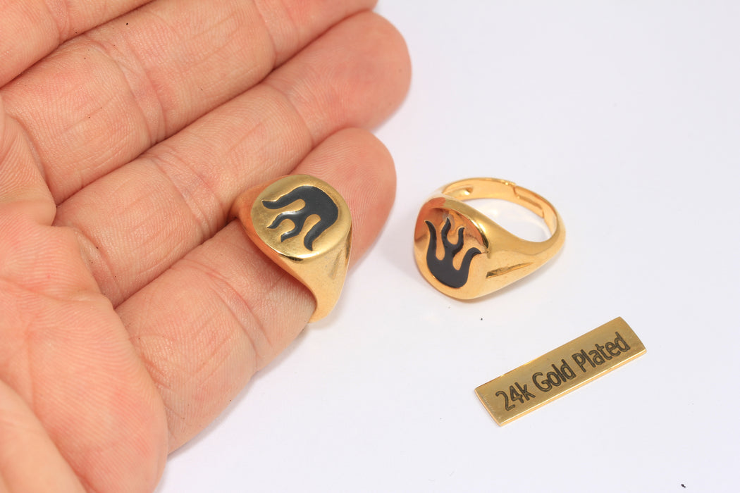 17-18mm 24k Shiny Gold Fire Ring, Flame Statement Rings, Black Enamel Flame Rings, Coin Rings, MTE329