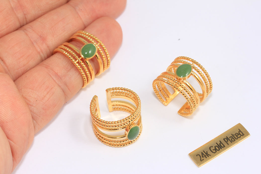 17-18mm 24k Shiny Gold Rings, Green Drop Enamel Rings, Statement Rings, Triple Layered Band Rings, CMR46