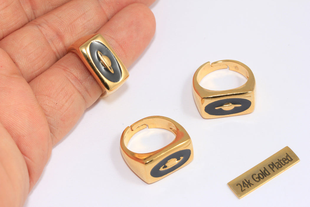 17-18mm 24k Shiny Gold Rings, Dark Blue Enamel Square Rings, Cosmos Ring, Gold Planet Rings, Cube Rings, CMR46