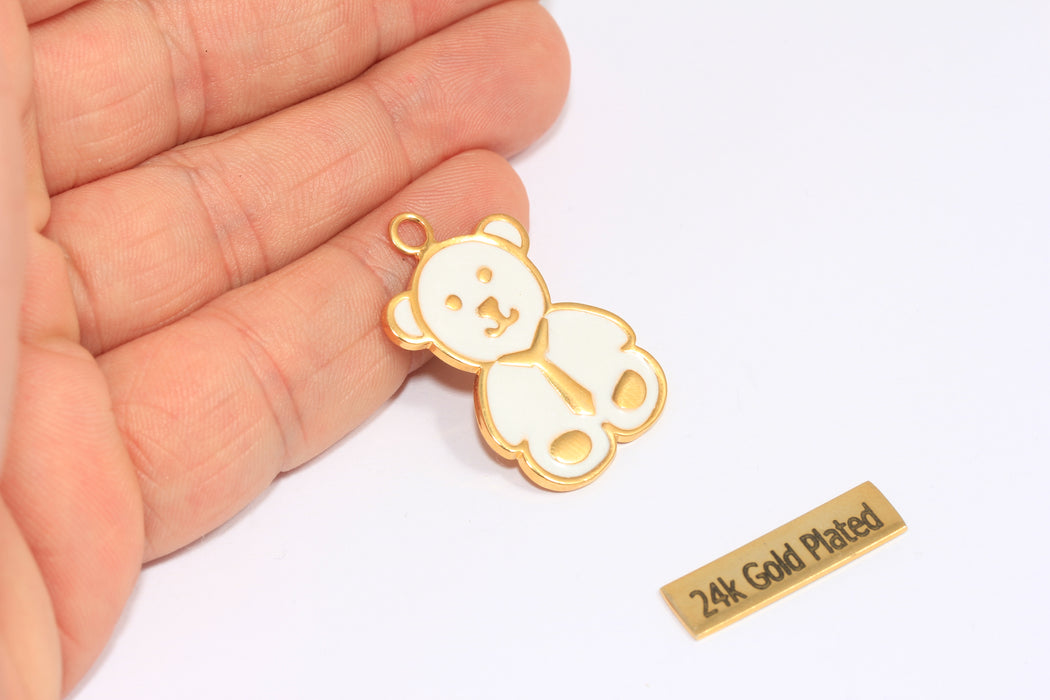 21x29mm 24k Shiny Gold Bear Pendant, White Enamel Teddy Bear Charms, Cute Bear Pendant, Animal Charms, XP13-1