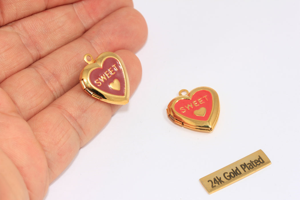 19x22mm 24k Shiny Gold Heart Locket Pendant, Enamel Heart Necklace, Sweetheart Locket Medallion, Heart Love Charm, XP96