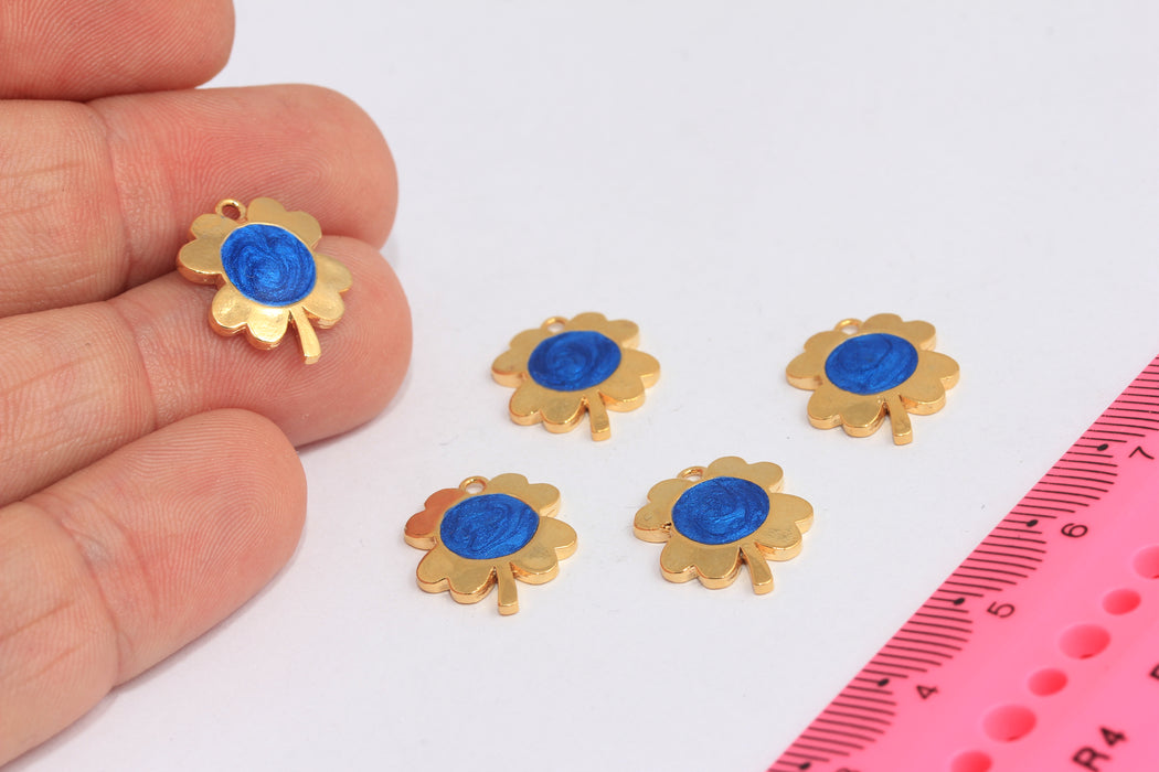 13x16mm 24k Shiny Gold Clover Charms, Blue Enamel Flower Charms, SLM162