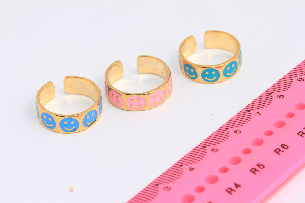 17-18mm 24k Shiny Gold Smiley Rings, Colorful Enamel Smiley Rings, SLM338