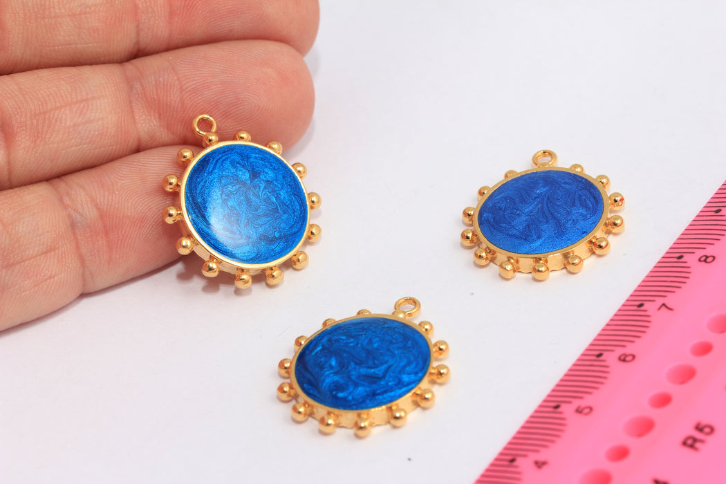 22mm 24k Shiny Gold Plated Sun Pendant, Blue Enamel Sun Medallion, SLM165