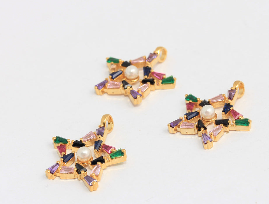 18x21mm 24k Parlak Altın Yıldız, Renkli Baget Taş Yıldız, SLM198