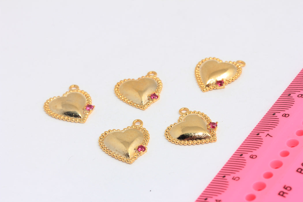 15x17mm 24 Ayar Parlak Altın Kalp Takılar, CZ Pembe Taş Kalp, SLM27