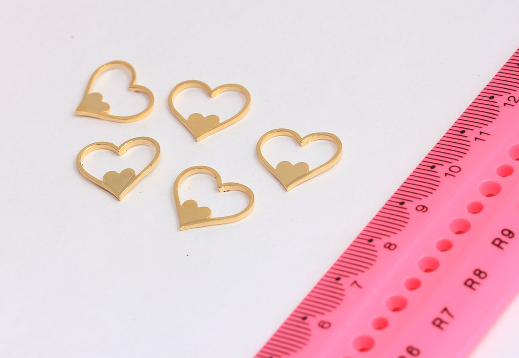 14x16mm 24k Shiny Gold Heart Charms, Outline Heart Connector Pendant, SLM5