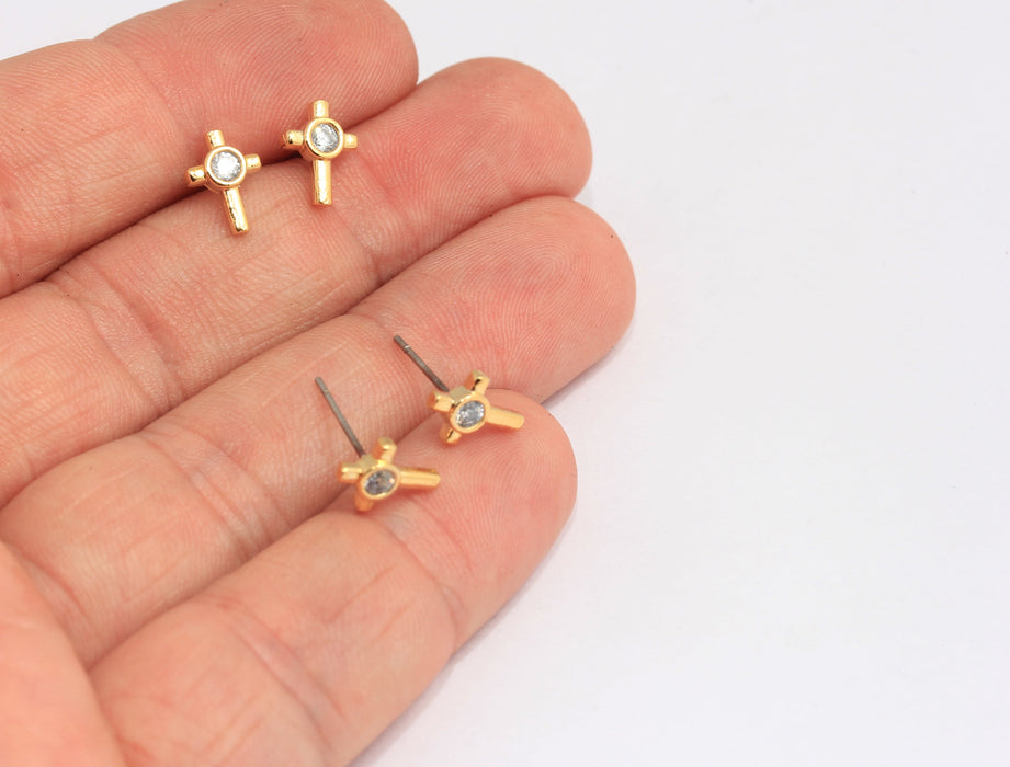 Cross Earrings, CZ White Stone Cross Studs