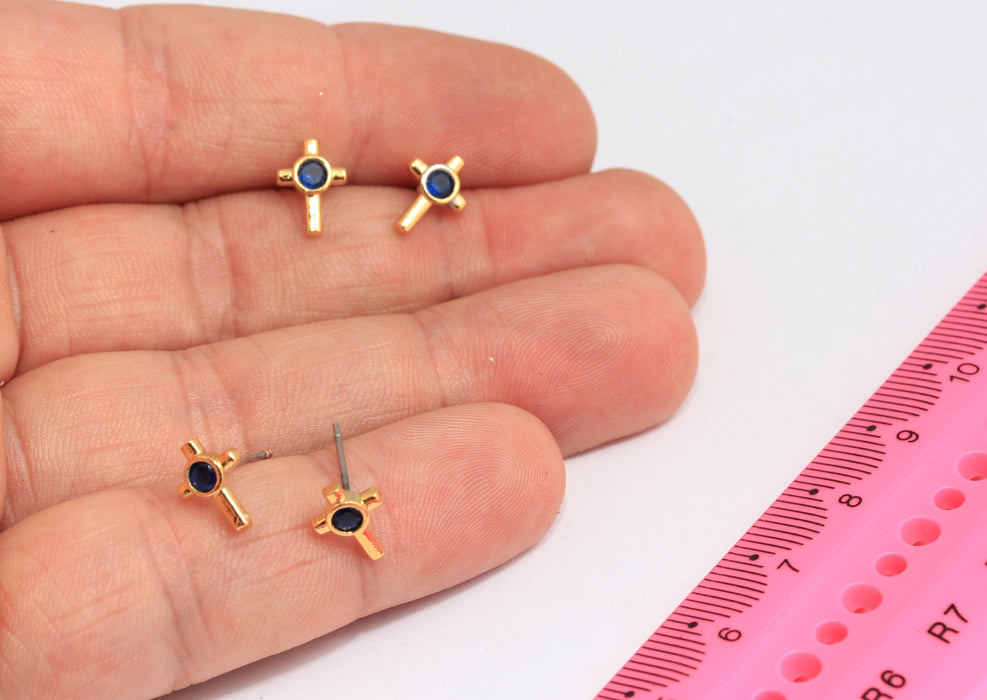 7x10mm 24k Shiny Gold Cross Earrings, CZ Blue Stone Cross Studs, SLM343