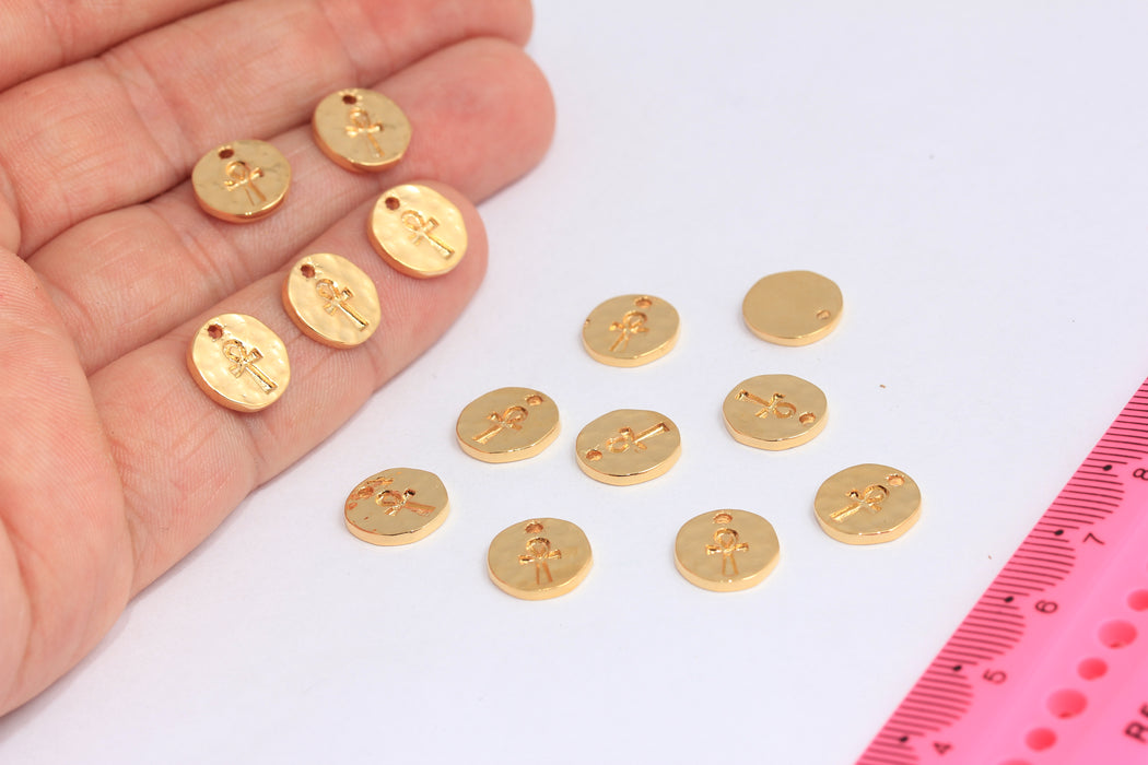 11mm 24k Shiny Gold Ankh Charms, Gold Ankh Coin Beads, SLM140