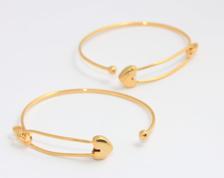 24k Shiny Gold Heart Bracelet, Gold Safety Pin Bracelet Cuff, BXB273-6