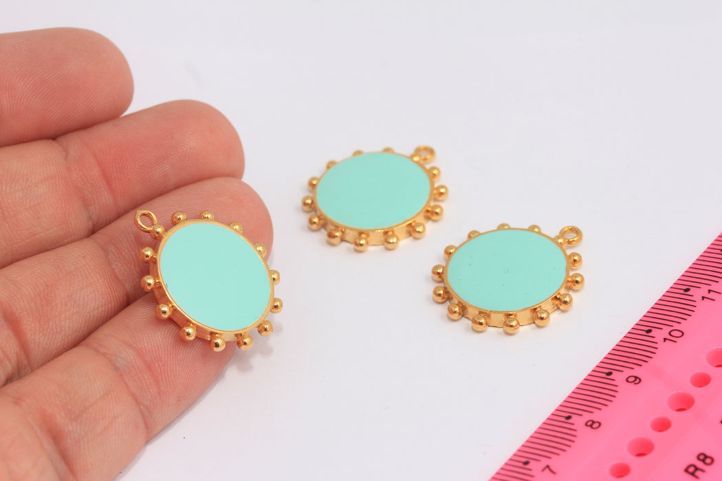22mm 24k Shiny Gold Sun Pendant, Turquoise Sun Enamel Charm, SLM755