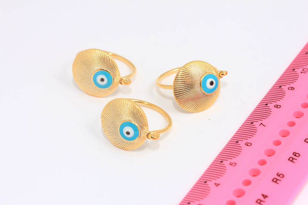 17-18mm 24k Shiny Gold Rings, Blue Enamel Evil Eye Rings, SLM962