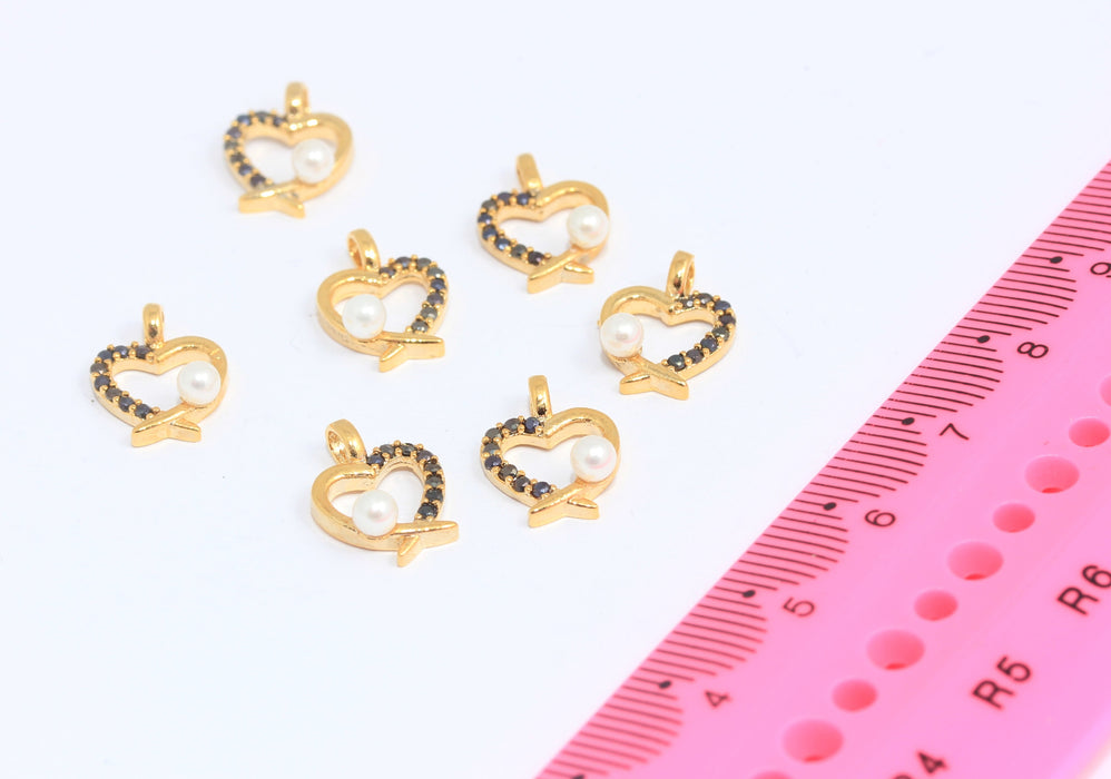 10x13mm 24 Ayar Parlak Altın Kalp Takılar, İnci Detaylı CZ Siyah Taş Kalp, SLM1028