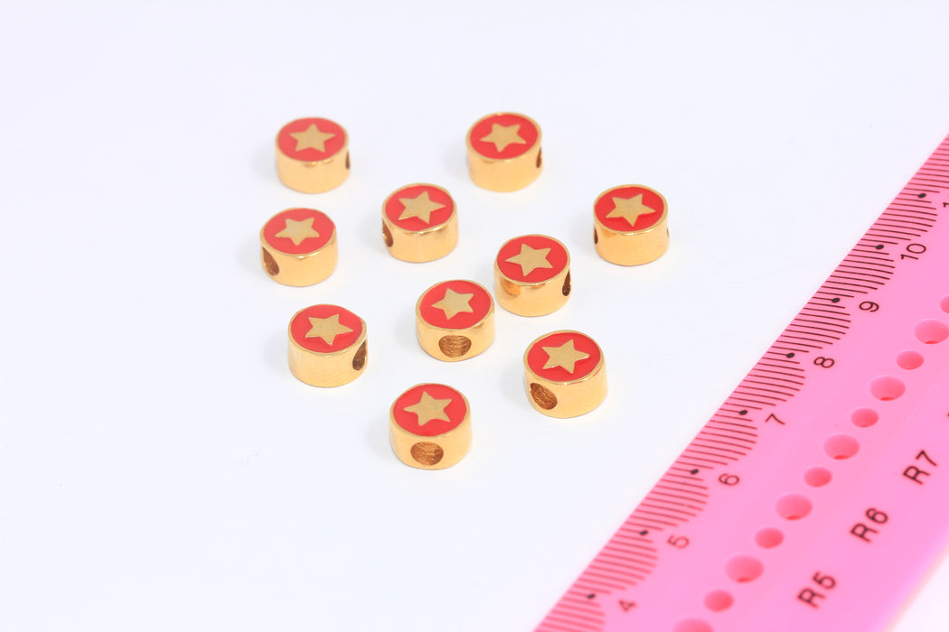 8mm 24k Shiny Gold Star Charms, Red Enamel Star Sliding Beads, SLM967