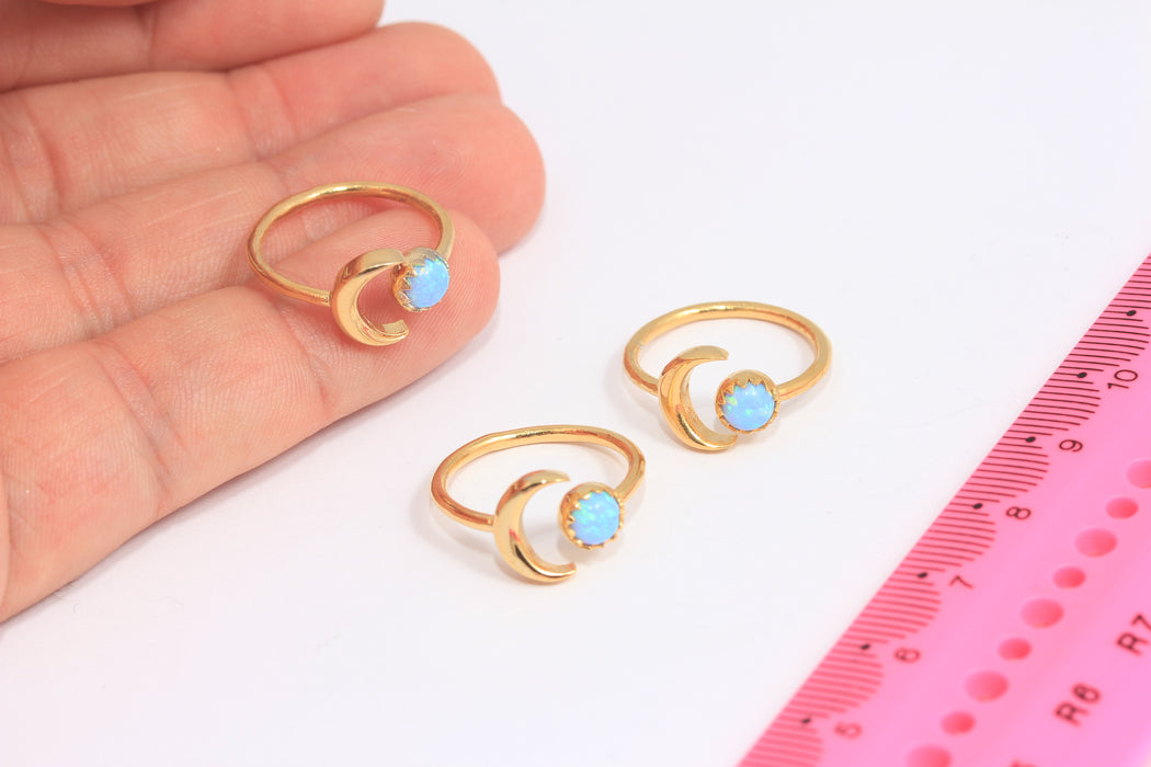 16-17mm 24k Shiny Gold Crescent Moon Ring, CZ Turquoise Opal Stone Ring, SLM938