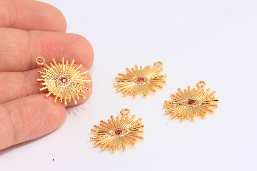 22x25mm 24 ayar Parlak Altın Madalyon, CZ Yakut Taşlı Nazar Boncuğu, MTE13