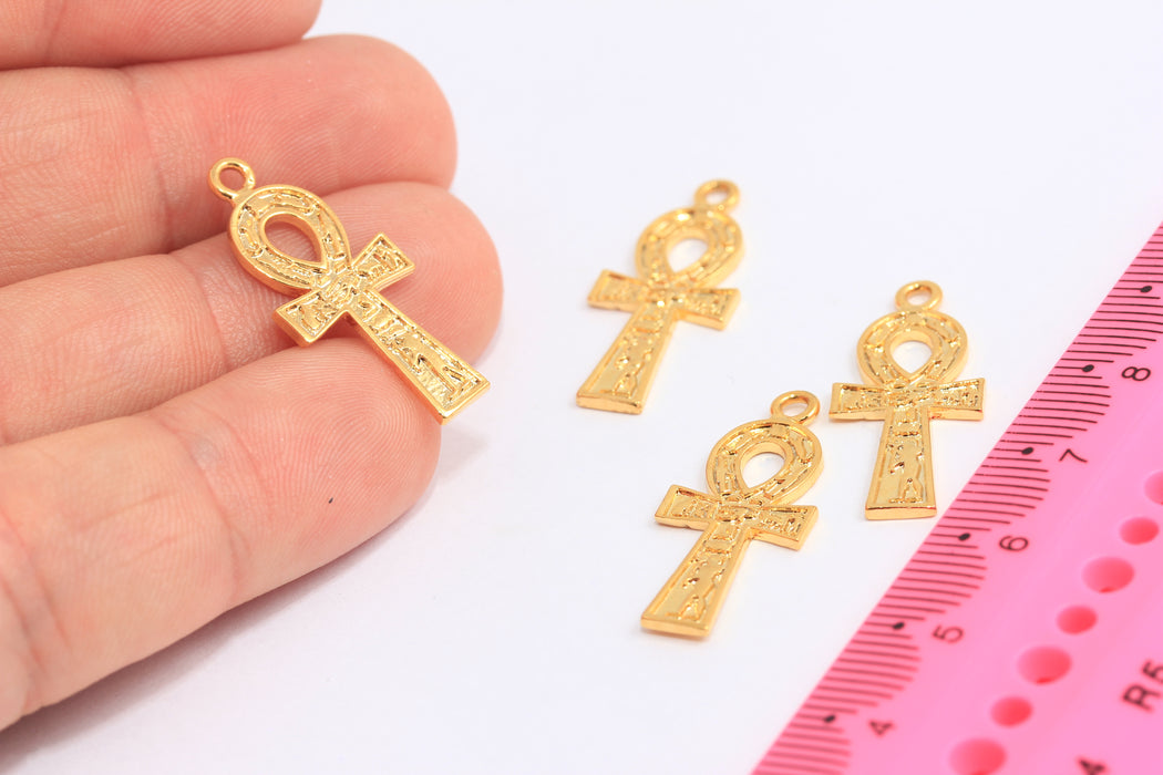 12x27mm 24k Shiny Gold Plated Ankh Charms, Ankh Life Necklace, MTE994