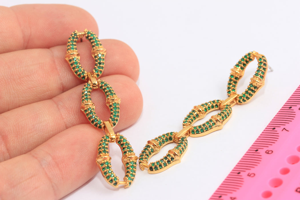 13x55mm 24k Shiny Gold Drop Earrings, Micro Pave Green Stone Earrings, SLM1060