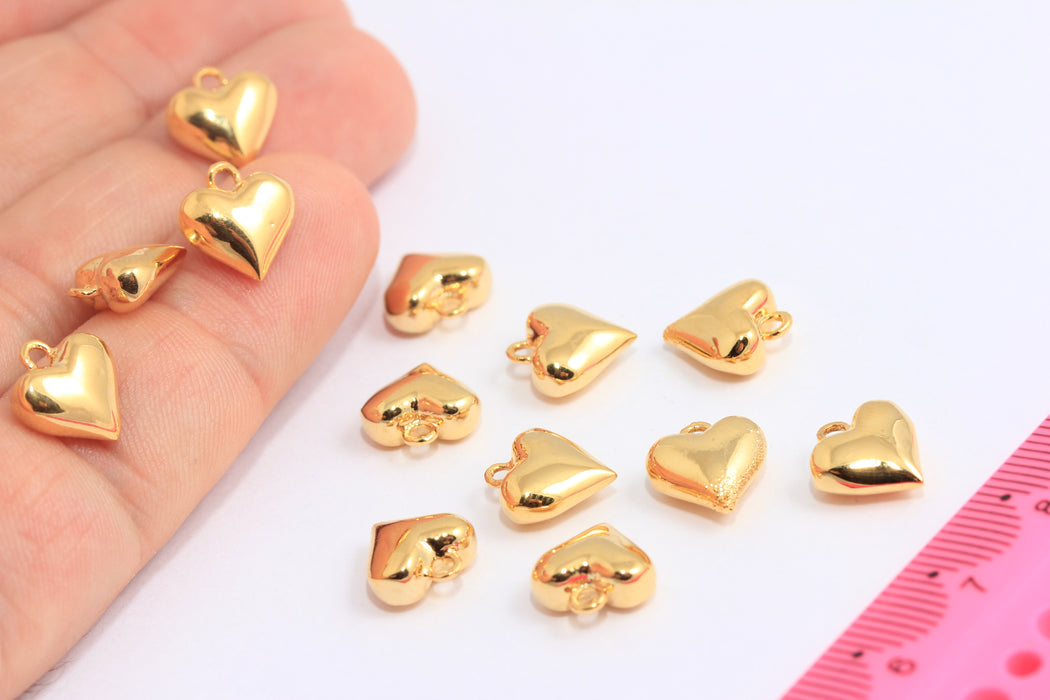 10mm 24k Shiny Gold Heart Beads, Mini Dainty Heart Bracelet Beads, MTE680