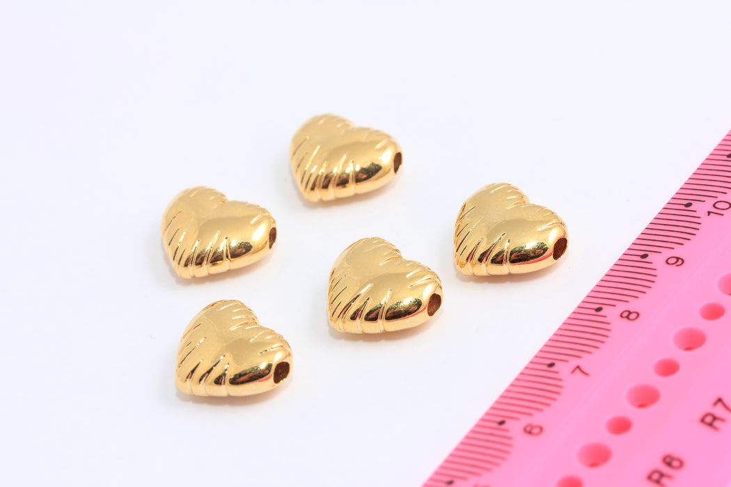 12x14mm 24k Shiny Gold Heart Charms, Large Hole Heart Beads, MTE117