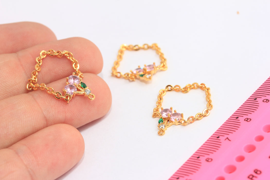 24k Shiny Gold Chain Rings With Cherry, Micro Pave Cherry Chain Ring, MTE396