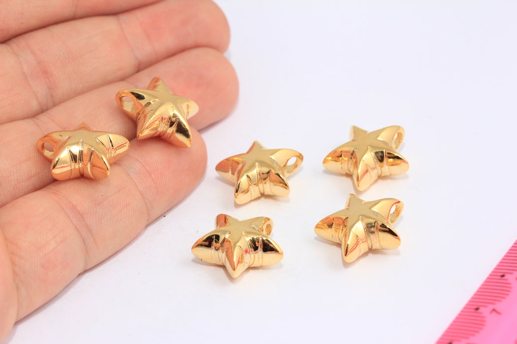 17x18mm 24k Shiny Gold Star Beads, Large Hole Star Bracelet Charms, MTE1460