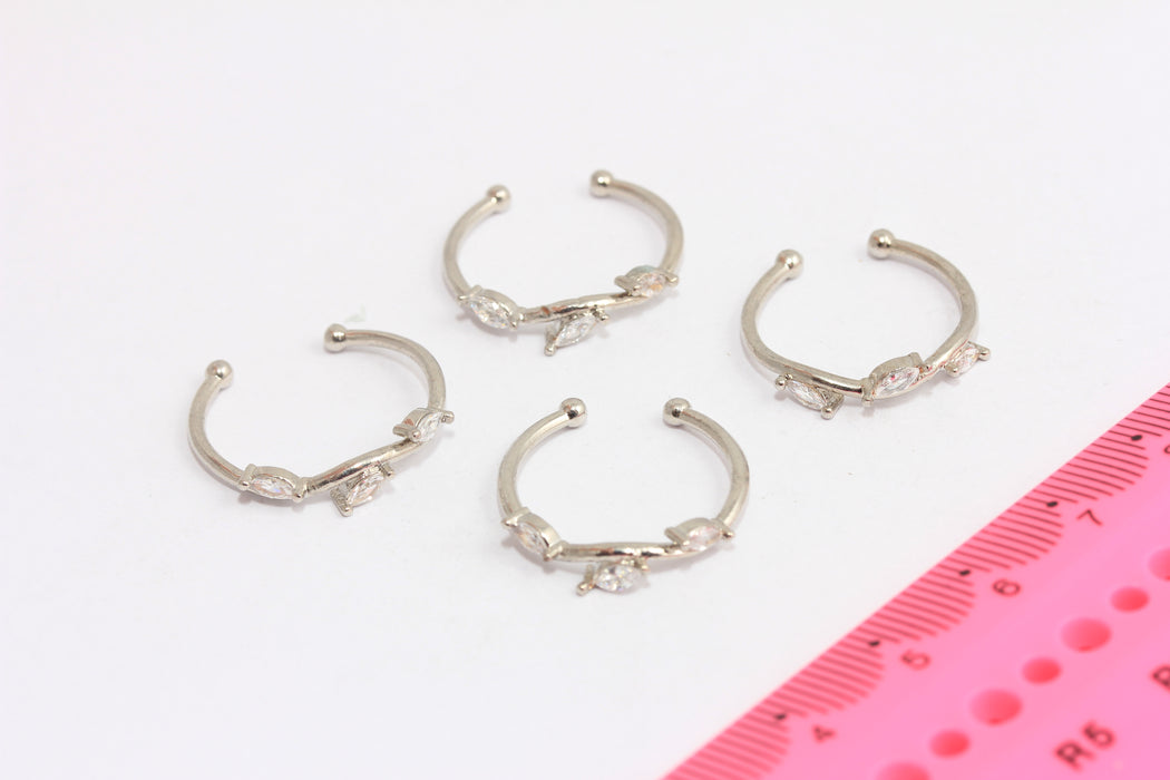 17mm Rhodium Plated Leaf Rings, CZ White Stone Leaf Rings, SLM1023