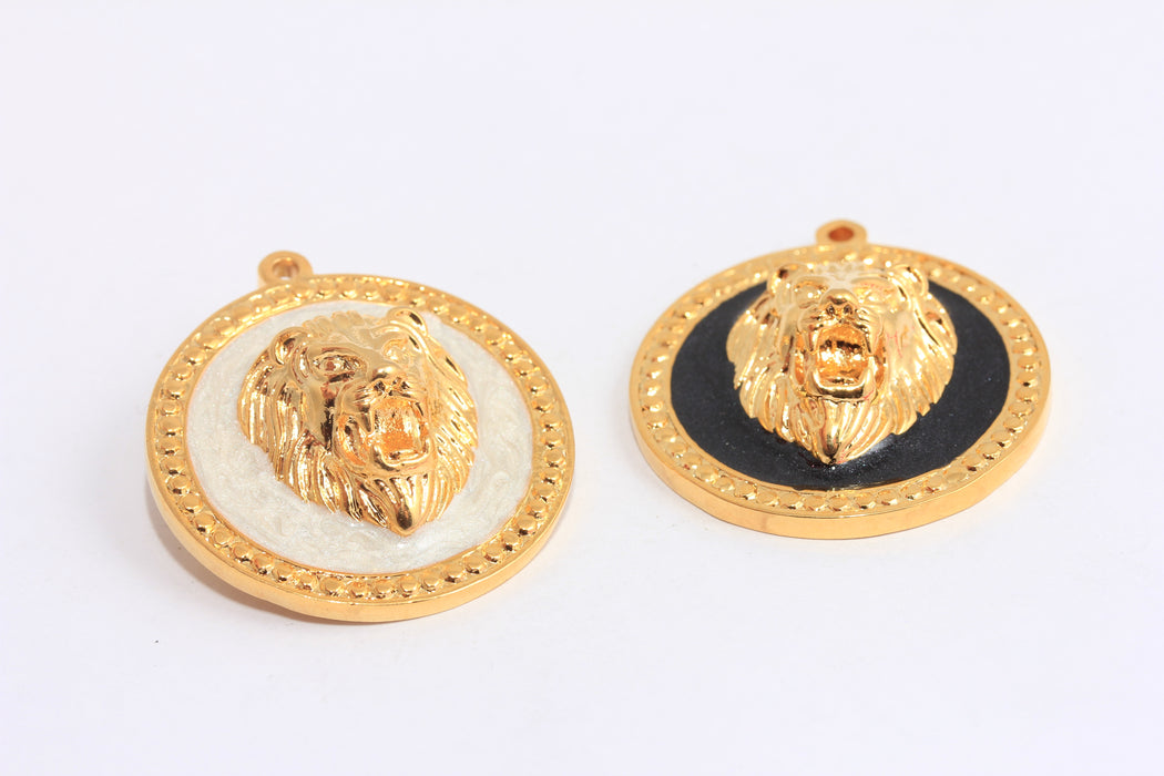 34x36mm 24k Shiny Gold Lion Pendant, Lion Head Enamel Medallion, SLM849