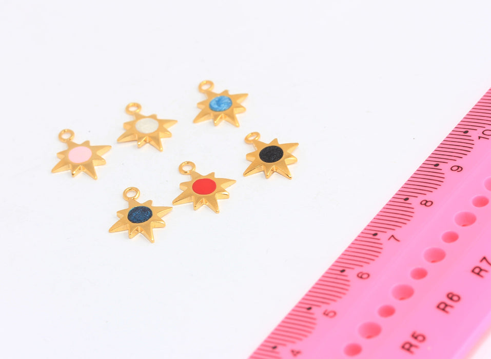 10mm 24k Shiny Gold Star Charms, Colorful Enamel North Star Beads, SLM893