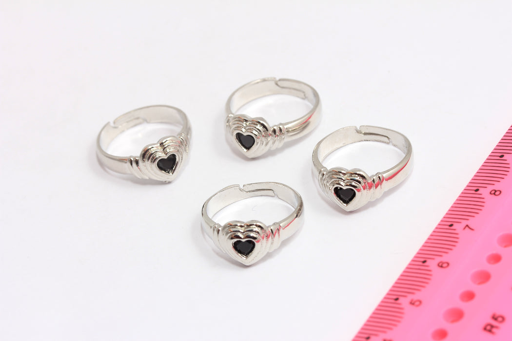 17-18mm Rhodium Plated Heart Ring, CZ Black Stone Heart Ring, MLS758