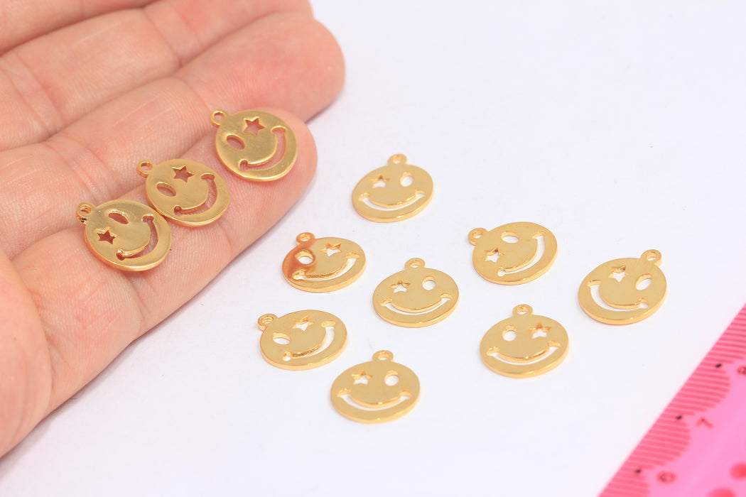 12mm 24k Shiny Gold Smiley Charms, Smiley Face Beads, MTE63