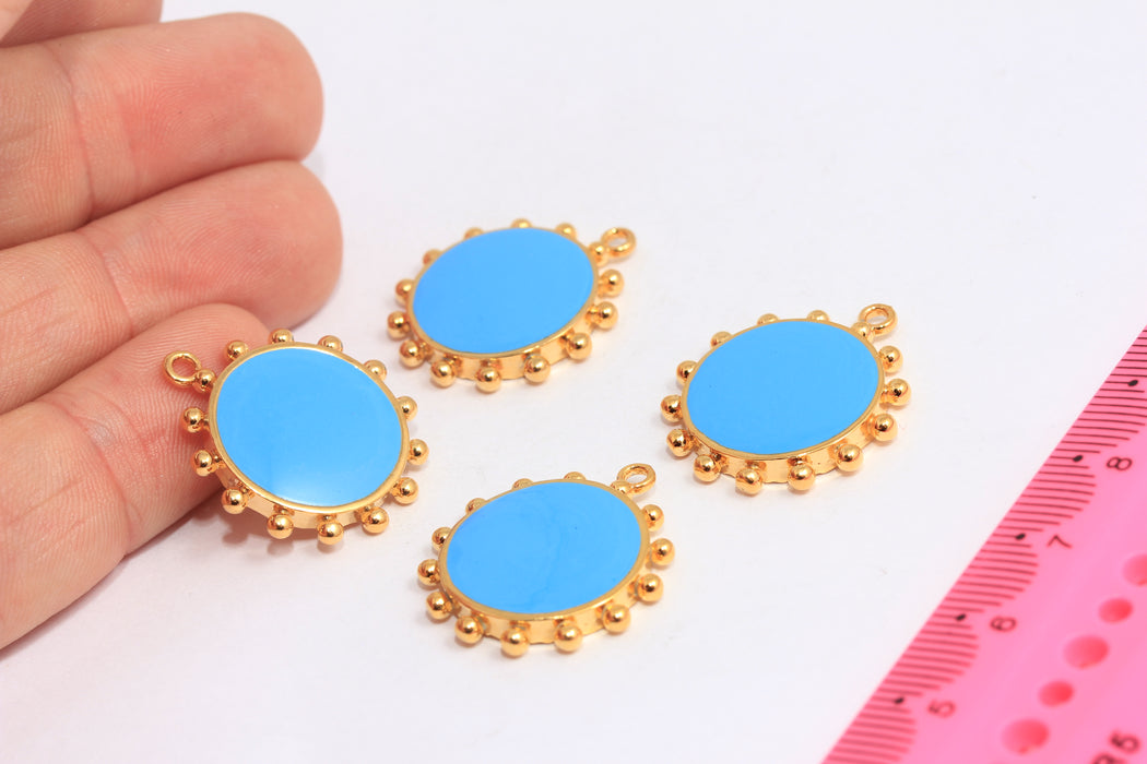 22mm 24k Shiny Gold Plated Sun Pendant, Blue Enamel Sun Medallion, MTE545