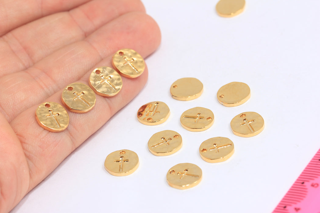 11 mm 24 Ayar Parlak Altın Haç Takıları, Haç Madeni Para Bileklik Boncukları, MTE724