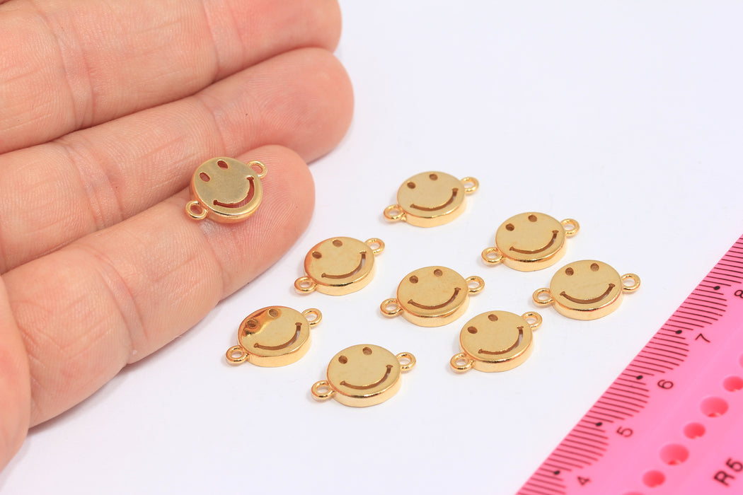 10mm 24k Shiny Gold Smiley Charms, Smiley Face Connector Beads, MTE343